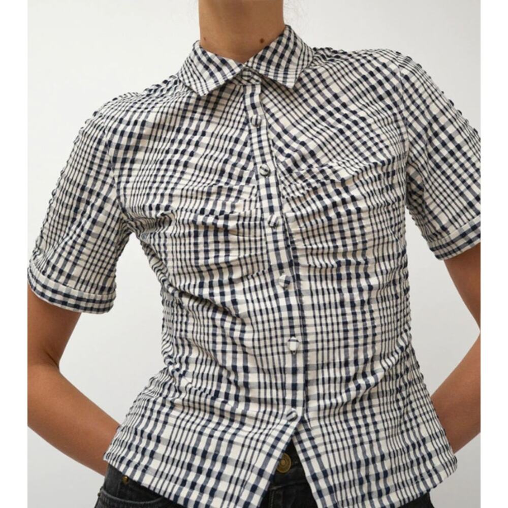 No. 6 Store Eldridge Gingham Smocked Button-Up Top Navy White Size M Preppy Euro